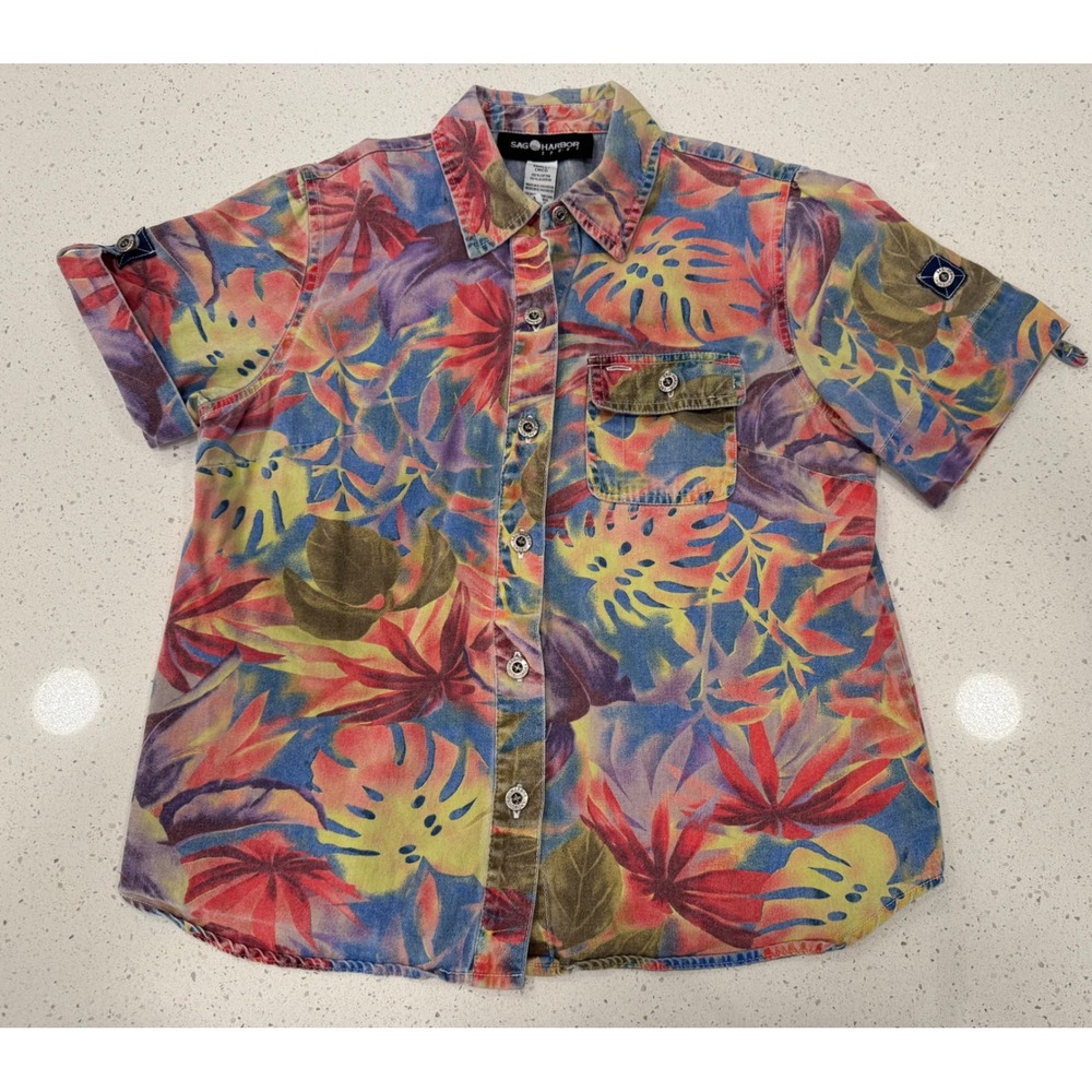 Sag Harbor Sport Button Shirt Women Small Multicolor Excellent Tropical VTG